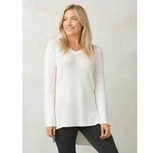 Prana Deedra Sweater White Cotton Long Tunic V-Neck Size XL